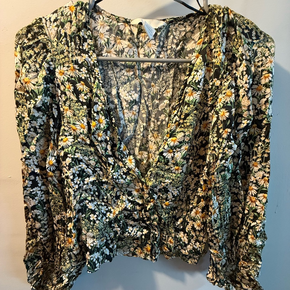 H&M Floral V-Neck Blouse - Black, White, Yellow